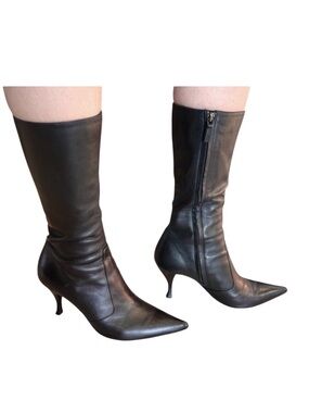Sergio Rossi Black Leather Y2K Style Mid Calf Boots